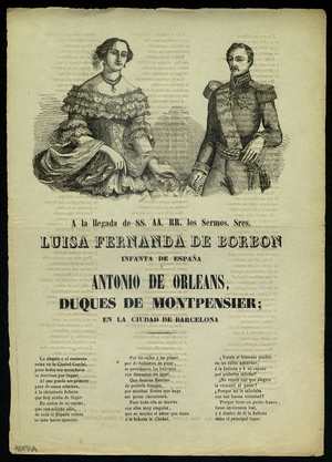 A la llegada de SS.AA.RR. Los Sermos. Sres. Luisa Fernanda de Borbon Infanta de España y Antonio de Orleans, Duques de Montpensier; en la ciudad de Barcelona.