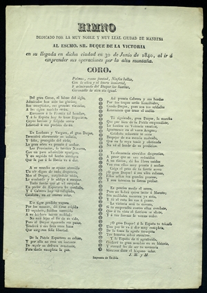 Himno : Dedicado por la muy noble y muy leal ciudad de Manresa al Escmo. Sr. Duque de la Victoria en su llegada en dicha ciudad en 30 de Junio de 1840, al ir á emprender sus operaciones por la alta montaña.