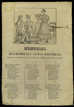 Memorial de las mozas y viudas españolas : para que se concedan licencias á todos los soldados que estan cumplidos ; Letrilla para cantarse con la musica de "la Manola"