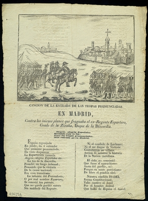 Canción de la entrada de la tropas pronunciadas en Madrid : Contra los inicuos planes que fraguaba el ex Regente Espartero, Conde de la Zizaña, Duque de la Discordia.