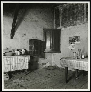 [Reportatge fotogràfic sobre els masos de les Alberes : detall de la cuina d'una masia abandonada]