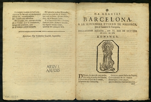 Da gracias Barcelona a la ilustrissima ciudad de Mallorca : por el socorro le franquea, hallandose sitiada, en el mes de octubre de 1713, en este romance