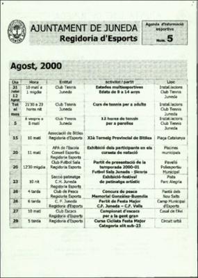 Fullet Agenda Cultural  i Agenda Esportiva 5. Ajuntament de Juneda 2000