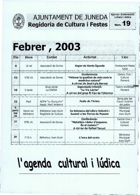 Fullet Agenda Cultural 19. Ajuntament de Juneda 2003
