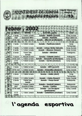 Fullet Agenda Esportiva 13. Ajuntament de Juneda 2002