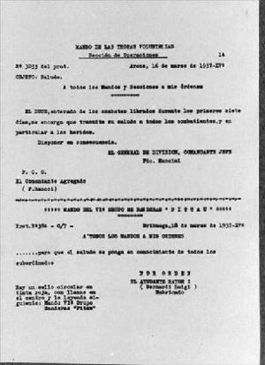 Reproducció de la traducció d'un document del comandament del CTV transmetent una salutació de Mussolini