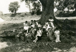 Alumnes de l'Institut-Escola cosint sota un arbre als terrenys de la masia Can Surell