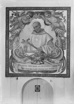 Pintura d'una imatge de Sant Bru de Colònia a la Cartoixa de Santa Maria de Montalegre, a Tiana.