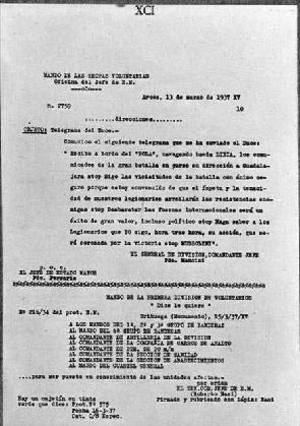 Reproducció de la traducció d'un document del comandament del CTV transmetent una salutació de Mussolini