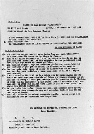 Reproducció de la traducció d'un document del comandament del CTV sobre la moral dels Camises Negres
