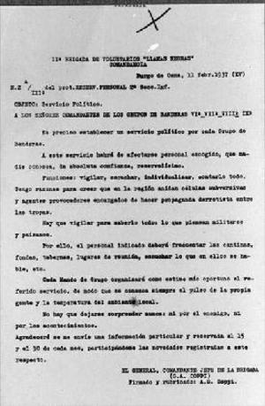 Reproducció de la traducció d'una circular del comandament de la 2a brigada del CTV Flames Negres sobre el servei polític