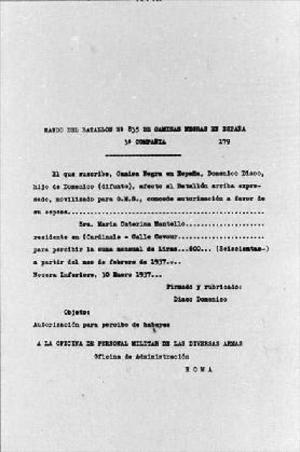 Reproducció de la traducció d'una autorització emesa per un soldat d'un batalló dels Camises Negres italians a Espanya
