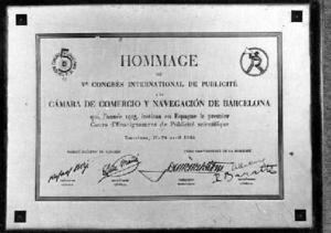 Placa atorgada a la Cambra de Comerç i Navegació pel Congrés Internacional de Publicitat de Barcelona de 1935