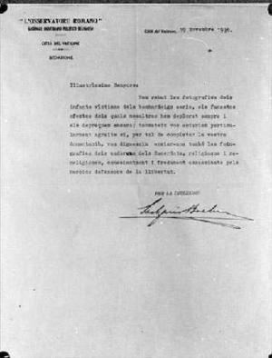 Reproducció d'una carta adreçada al Comissariat de Propaganda pel diari vaticà "L'Osservatore Romano"