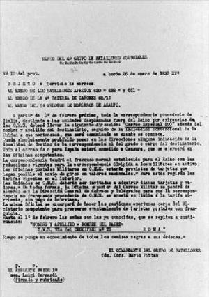 Reproducció de la traducció d'un document del comandament del 4rt Grup de Batallons Especials del CTV sobre el servei de correus