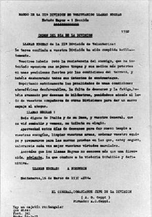 Reproducció de la traducció d'una ordre del dia del comandament de la 2a brigada del CTV Flames Negres