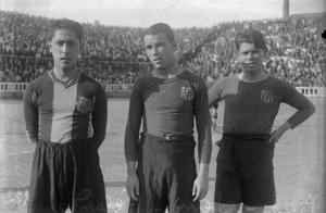 Retrat dels futbolistes Paulino Alcántara, Josep Samitier i Vicenç Piera