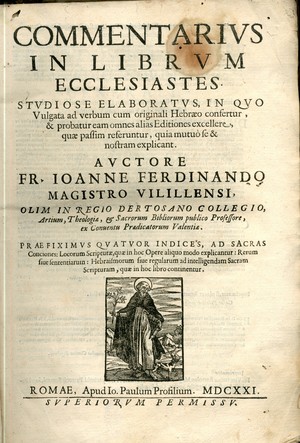 Commentarius in Librum Ecclesiastes studiose elaboratus : in quo vulgata ad verbum cum originali hebraeo confertur & probatur