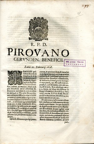 R. P. D. Pirovano Gerunden beneficii : lunae 21 Februarij 1628