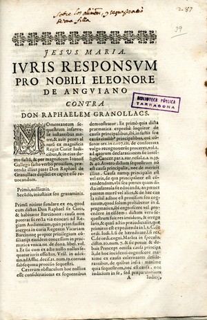 Iuris responsum pro nobili Eleonore de Anguiano contra don Raphaelem Granollacs
