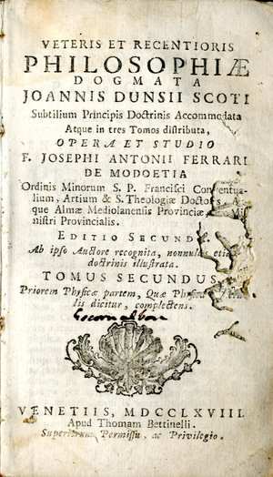 Veteris et recentioris philosophiae dogmata Joannis Dunsii Scoti : subtilium principis doctrinis accommodata atque in tres tomos distributa