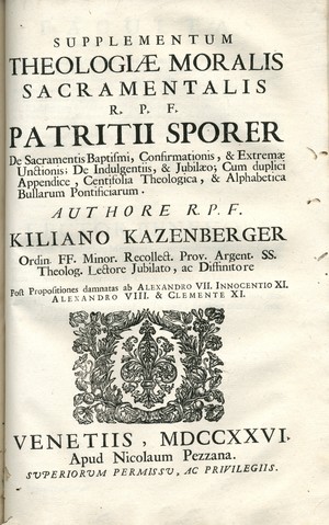 Supplementum theologiae moralis sacramentalis R.P.F. Patritii Sporer