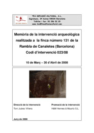 Memòria de la intervenció arqueològica realitzada a la finca número 131 de la Rambla de Canaletes