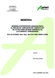 Memòria d'intervenció arqueològica al projecte "Ampliació de l'edifici Z-20" de la factoria de BASF Española SL
