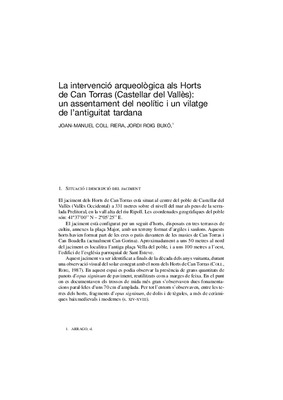 La intervenció arqueològica als Horts de Can Torras (Castellar del Vallès): un assentament del neolític i un vilatge de l'antiguitat tardana