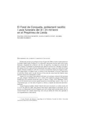 El Forat de Conqueta, poblament neolític i usos funeraris del 3r i 2n mil·lenni en el Prepirineu de Lleida