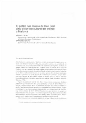 El poblat des Closos de Can Gaià dins del context cultural del Bronze a Mallorca