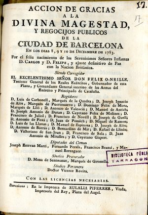 Accion de gracias a la divina Magestad y regocijos publicos de la ciudad de Barcelona en los dias 8, 9 y 10 de diciembre de 1783